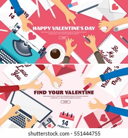Valentines Day. Workplace with table. Design Equipment. Drawing on paper. Handmade love card. Typewriting. Greeting. February 14.Typewriter.