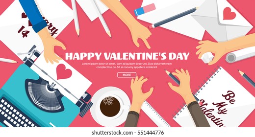 Valentines Day. Workplace with table. Design Equipment. Drawing on paper. Handmade love card. Typewriting. Greeting. February 14.Typewriter.