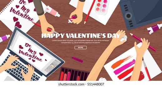 Valentines Day. Workplace with table. Design Equipment. Drawing on paper. Handmade love card. Typewriting. Greeting. February 14.Wood.
