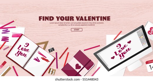 Valentines Day. Workplace with table. Design Equipment. Drawing on paper. Handmade love card. Typewriting. Greeting. February 14.Wood.
