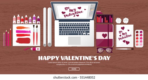 Valentines Day. Workplace with table. Design Equipment. Drawing on paper. Handmade love card. Typewriting. Greeting. February 14.Wood.
