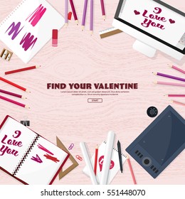 Valentines Day. Workplace with table. Design Equipment. Drawing on paper. Handmade love card. Typewriting. Greeting. February 14.Wood.
