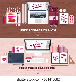 Valentines Day. Workplace with table. Design Equipment. Drawing on paper. Handmade love card. Typewriting. Greeting. February 14.Wood.
