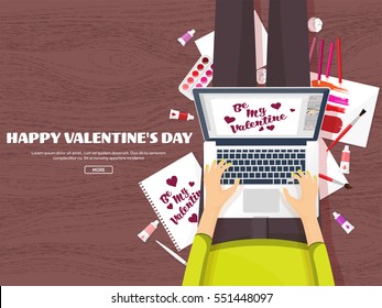 Valentines Day. Workplace with table. Design Equipment. Drawing on paper. Handmade love card. Typewriting. Greeting. February 14.Wood.
