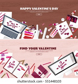 Valentines Day. Workplace with table. Design Equipment. Drawing on paper. Handmade love card. Typewriting. Greeting. February 14.Wood.
