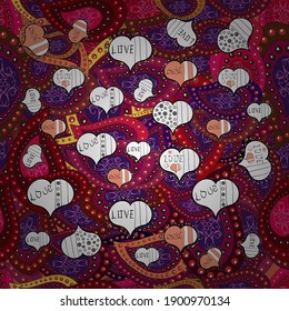 Valentine':s day. Wrapping paper. Abstract seamless love pattern. Vector. Drawing in sketch style on red, white and purple colors. Heart Doodle.