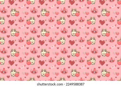 Valentines day wrapping paper design. Romantic pink seamless pattern with cat, hearts, cups, love letter. For fabric, textile, print, cover