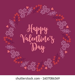Valentine's Day wreath with berries, hearts, flowers, branches on violet background. Hand drawn circle frame in scandinavian style. Perfect for holiday greeting cards, wedding decorations