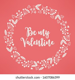 Valentine's Day wreath with berries, leaves, hearts on apricot background. Hand drawn circle frame in scandinavian style. Perfect for holiday greeting cards, wedding decorations