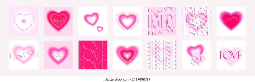 Valentine's Day y2k aesthetic soft pink gradient greeting cards with hearts. Collection of modern y2k aesthetic printable quirky typography designs. Soft feminine vintage feel. Aura print templates