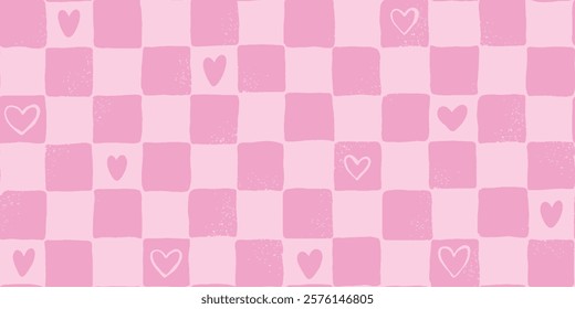 Valentine's day y2k checkered seamless pattern with pink hearts for wallpaper, wrapping paper, scrapbooking, stationery, textile prints, etc. EPS 10