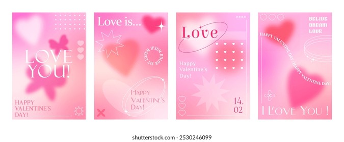 Valentines day y2k gradient aesthetic posters, love pink backgrounds in abstract modern style with hearts, butterflies and pastel colors . Vector vertical banner templates, romantic Valentine cards