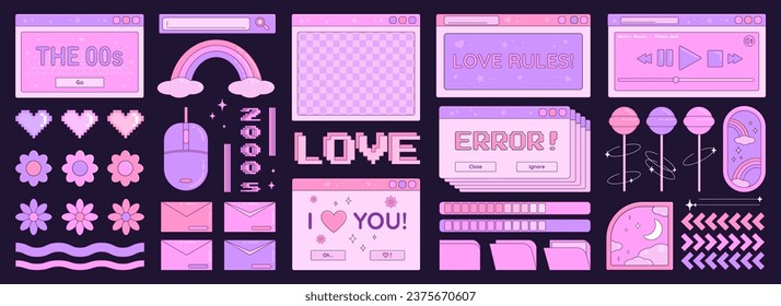 Valentine's Day Y2K set of retro objects, design elements, stickers, computer desktop windows, mp3 player, lollipops, flower and pixel heart symbols. Vector illustration.