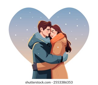 Valentine's day with young couple in love are hugging. Pair man and woman dressed in warm clothes in winter. Romantic feelings concept. Vector illustration in cartoon style.