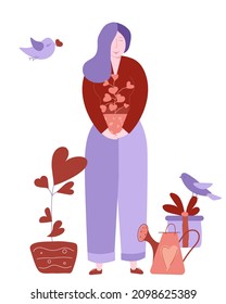 Valentine's day young girl holds a  love plant near dove and watering can. Vector illustration for february 14 gift card