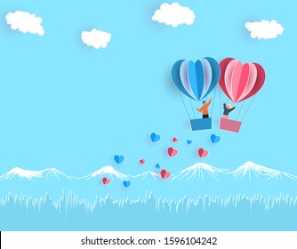 Valentine's Day. A young joyful couple flies in balloons over the scenery. Vector illustration