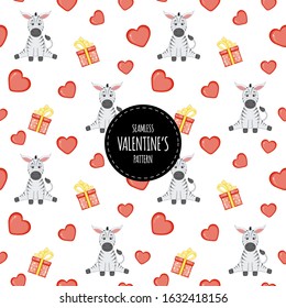 Valentine's Day Zebra seamless pattern. Cartoon style. Vector illustration