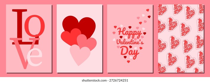 Día de San Valentín. Un conjunto de postales con corazones. Ilustración vectorial