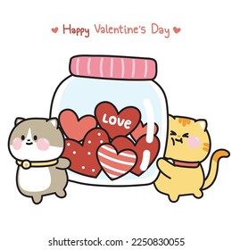 Valentines day.Cute cat carry jar have heart inside.Cartoon hand drawn.Funny animal character design.Pet.Meow lover.Kawaii.Vector.Illustration.