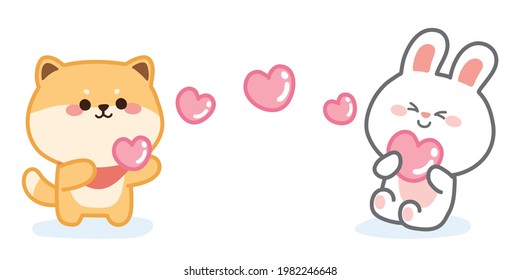 Día de San Valentín. El perro lindo le da corazón al conejo con fondo blanco. Amor.Pareja. Dibujo de caricaturas de animales. Imagen para el producto para bebés, pancarta, papel pintado, pegatina.Aislado.Kawaii.Vector.Ilustración.