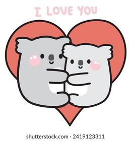 Valentines day.Cute koala bear couple hug on heart background.Wild animal character cartoon design.Love.Baby graphic.Kawaii.Vector.Illustration.