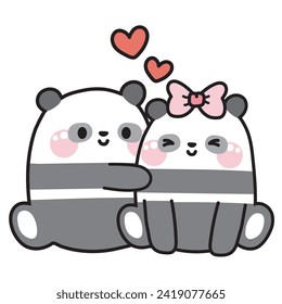 Valentines day.Cute panda bear couple with heart sit on white background.Wild animal character cartoon design.Love.Kawaii.Vector.Illustration.