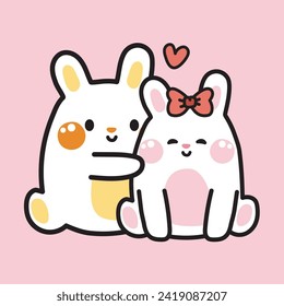 Valentines day.Cute rabbit couple with heart sit on pink background.Rodent animal character cartoon design.Bunny.Love.Kawaii.Vector.Illustration.