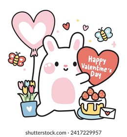 Valentines day.Cute rabbit hold heart with flower cake and balloon on white background.Rodent animal.Cartoon character design.Love.Kawaii.Vector.Illustration.