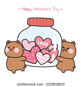 Valentines day.Cute teddy bear carry jar have heart inside.Cartoon hand drawn.Funny character design.Love.Kawaii.Vector.Illustration.