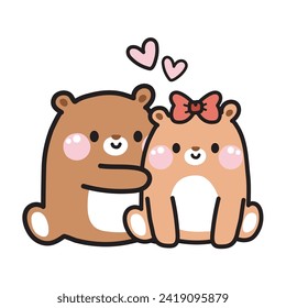 Valentines day.Cute teddy bear couple with heart sit on white background.Wild animal character cartoon design.Love.Baby graphic.Kawaii.Vector.Illustration.