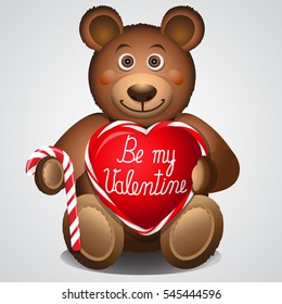 Valentines day.Cute teddy bear with heart isolated on white background.Valentines heart shaped sweet candy lollipops. Vector illustration.Be my valentine.
