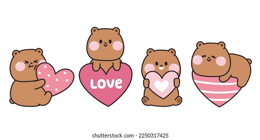 Día de San Valentín. Oso de peluche sostiene globo de corazón rosa en varias poses de colección.Juego de dibujos animados de dibujos animados de carácter animal.Texto de amor.Kawaii.Vector.Ilustración.