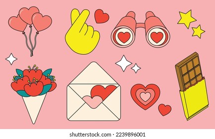 Valentine's day.Cute Vector illustrations of love, heart, miniheart, bouquet, love letter, chocolate, balloons and binoculars.Romantic gifts and love sign symbol with Stroke outline