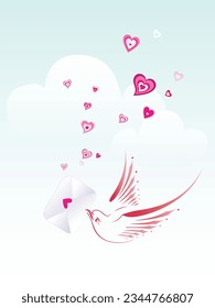 Valentine's Day.Flying pigeons and white clouds on blue background.Seamless isolated pattern.Red heart icon.