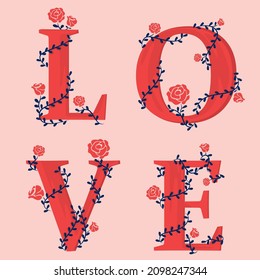 Valentine's Day!Illustration of the lettering "L O V E" with flowers. Drawing for a postcard, poster or card