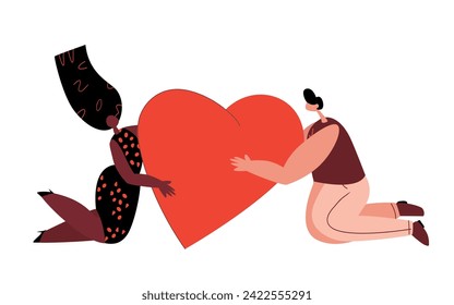 Valentine's Day.Loving Smiling Happy Couple,Man, Woman Holding huge Heart or Like.Happy Lovers Relationships Dating,Kind volunteer with donations.Charity concept.Feelings Love.Flat Vector Illustration