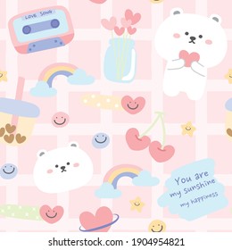 Valentinstag.Pastelkonzept.Nahtlose Muster der handgezeichneten süßen Cartoons.Animal Character design.White Bär doodle.Kid graphics.Background.Wallpaper.Banner.Kawaii.Vector.Illustration.