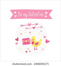 Valentine's daypostc ard, February 14. Vector illustrations of bird with love letter. Drawings for postcard, card, congratulations and poster.