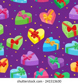 Valentines days presents collection. Vector seamless pattern of cartoon gifts in bag on violet background