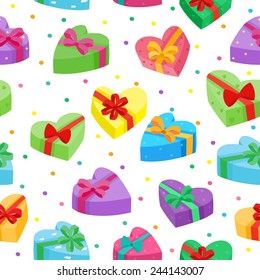 Valentines days presents collection. Vector seamless pattern of cartoon gifts in bag isolated on white