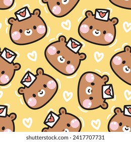 Valentines day.Seamless patern of cute face teddy bear with love mail on head background.Wild animal character cartoon design.Baby clothing print screen.Kawaii.Vector.Illustration.