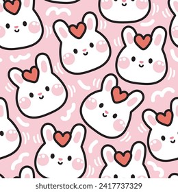 Valentines day.Seamless pattern of cute rabbit face with heart on head pink background.Rodent animal charatcer cartoon design.Baby clothing print screen.Kawaii.Vector.Illustration.