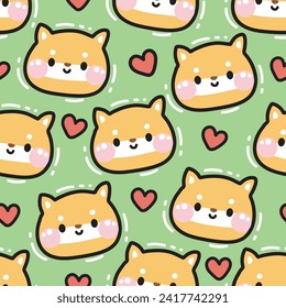 Valentines day.Seamless pattern of cute shiba inu dog face with heart background.Pet animal charatcer cartoon design.Baby clothing print screen.Japanese.Kawaii.Vector.Illustration.