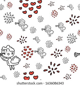 Valentine's day.Seamless pattern in the style of doodles with angels, hearts and flowers. Suitable for packaging, fabric, website, banner. Hand drawn black and red color on a white background