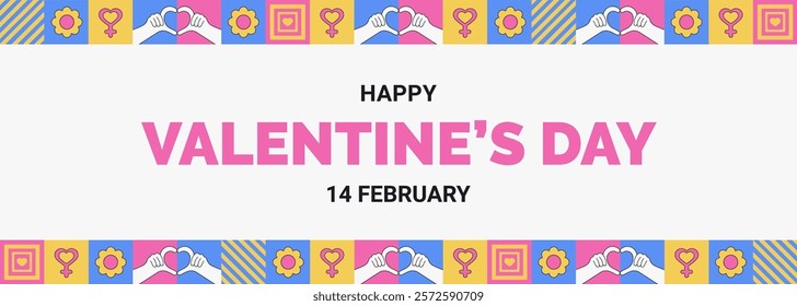 The Valentine's Day-themed geometric vector banner features hearts, shapes, and hands forming a heart shape, symbolizing love. Neo-brutalism style. "Happy Valentine's Day, 14 February." 