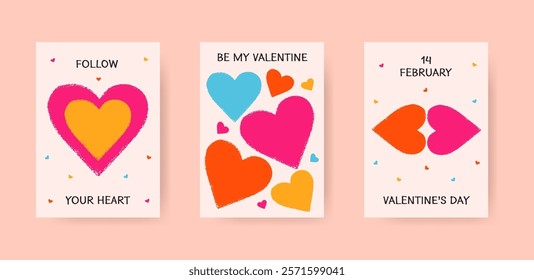 Valentine's Day-themed hand-drawn cards, scribble and crayon, naive vector colorful hearts pink, orange, blue, yellow, and playful text like "Follow Your Heart," "Be My Valentine," and "14 February".