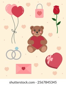 Valentine's Day-themed illustration featuring a cute teddy bear holding a heart, a red rose, heart balloons, a pink envelope, a heart-shaped gift box, a padlock for romantic or love themed designs