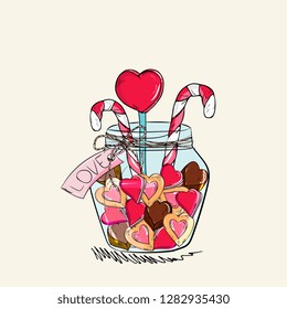 Valentines day,wedding, birthday hand drawing. Glass jar with a symbol of Valentine's Day hearts. Sweets hearts, candies, cookies, chocolate.