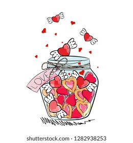 Valentines day,wedding, birthday hand drawing. Glass jar with a symbol of Valentine's Day hearts. Sweets hearts, candies, cookies, chocolate.