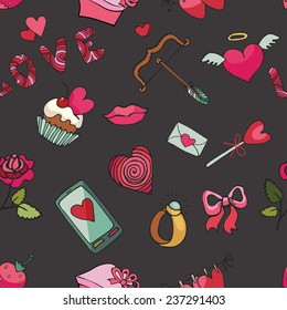 Valentine's day,wedding,love,romantic decor elements in seamless pattern.Cute Doodle hand drawing decor set.Colored cartoon vector.For fabrics / Wallpaper / background / wrapping paper,backdrop.